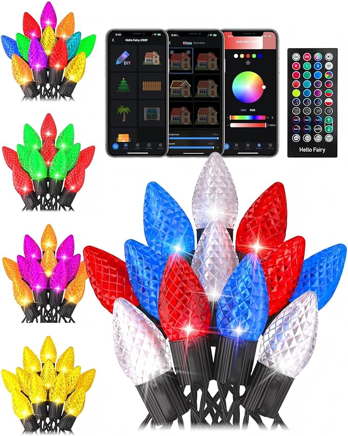 4th of July Decorations Outdoor – 99FT Smart C9 Christmas Lights App & Remote Control, 16 Million Colors Music Sync Waterproof for Roof Patio Yard, Independence Day Red White Blue, Halloween Christmas