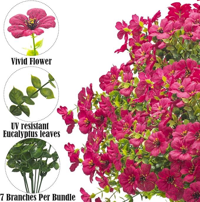 Artificial Fake Flowers for Outdoor Spring Decoration, 16 Bundles Faux Silk Colorful Daisy UV Resistant Realistic for Outside Porch Patio Home Yard Garden Planters Pots Window Box (Rose Red)