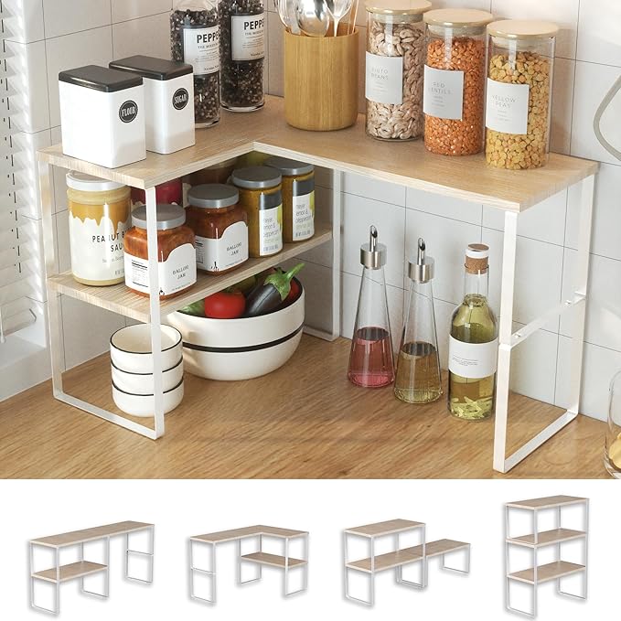Golener Countertop Organizer Corner Shelf, 2 Tier Adjustable Stackable Corner Shelves for Kitchen, Bathroom, Spice Rack, Coffee Bar, Over Sink, Dresser Table, Corner Counter Shelf Stand, Natural Beige