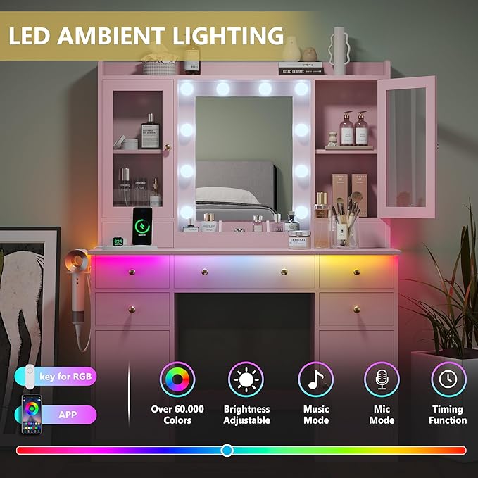 Makeup Vanity Desk with Mirror and Lights, Pink Vanity Table Set with Storage Drawers, Charging Station & Cabinets, Large Dressing Table with RGB Ambient Light for Women Girls Bedroom Bathroom