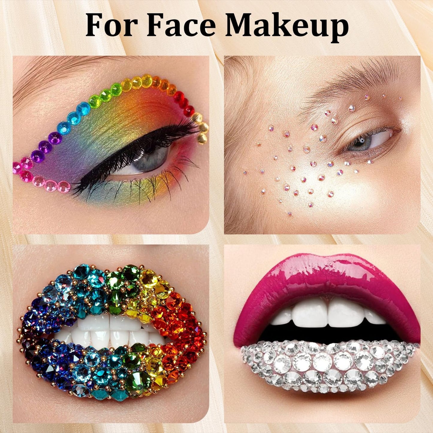 Colorful Face Gems for Makeup Set, Flatback Gorgeous AB Glass Gem, Mixed-Colored Crystals with Makeup Glue+Picker Pencil+Tweezer+Dual-End Dotting Tool for Eye Body Hair Make-up and Nail Art Deco