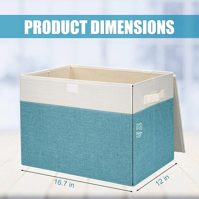 Large 17" 42 Quarts Collapsible Stackable Storage Bins with Lids [3-Pack] Foldable Fabric Linen Storage Boxes Cube, Closet Organizer Baskets with Label for Home (16.7 x 12 x 12", Teal & White)