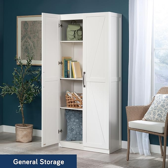 Sauder HomePlus Farmhouse Multipurpose Storage Cabinet Tall Pantry with Adjustable Shelves, in White Finish