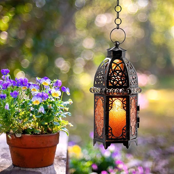 DECORKEY Vintage Large Size Decorative Ramadan Candle Lantern, 12.8’’ Metal Hanging&Tabletop Moroccan Lantern Candle Holder Decor, Halloween Christmas Decorations for Home Indoor Outdoor Patio (Amber)