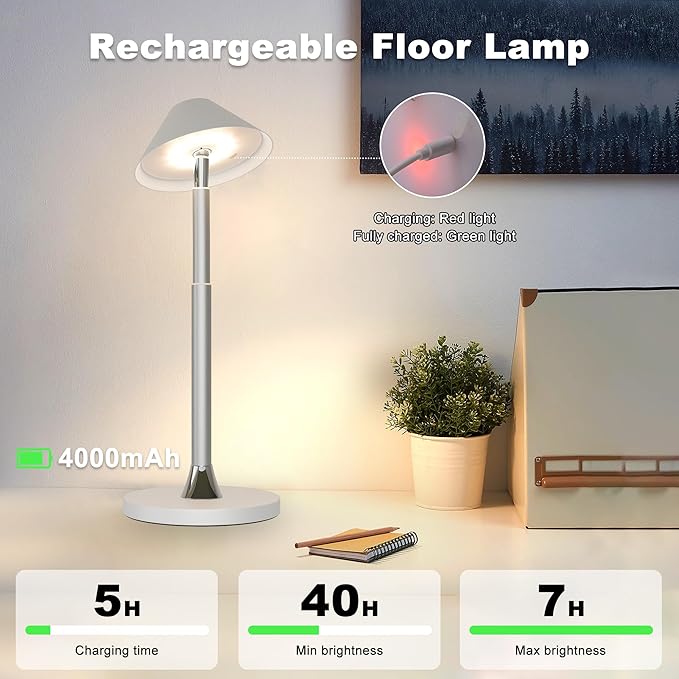 Rechargeable Floor Lamp for Indoor/Outdoor, Cordless Tall Standing Lamp with 3 Color Temps & Dimmable, IP43 Waterproof, Adjustable Height 16-56 Inch, Portable Pull-Up Lamp for Camping, Patio(White)