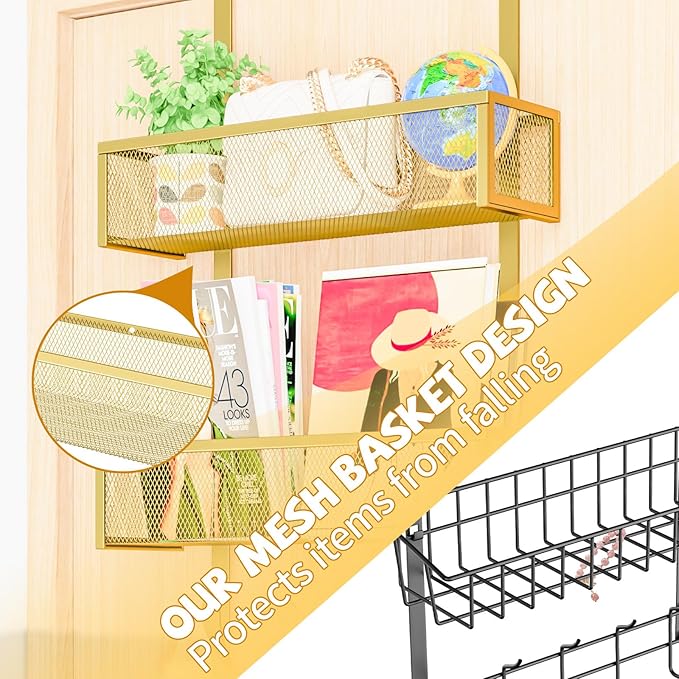 Over The Door Hooks Organizer,Coat Rack with 12 Hooks and 2 Mesh Baskets,Back of Door Storage Organizer for Bathroom,Bedroom,Kitchen,Office (Gold)