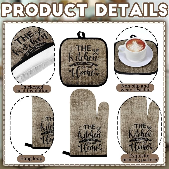 Fourluoo 10 Pcs Farmhouse Kitchen Decor and Accessories Set 4 Kitchen Towels 2 Pot Holders 2 Oven Mitts 2 Rugs for Cooking Baking Mom Housewarming Gifts(Vintage Color,Classic Style)