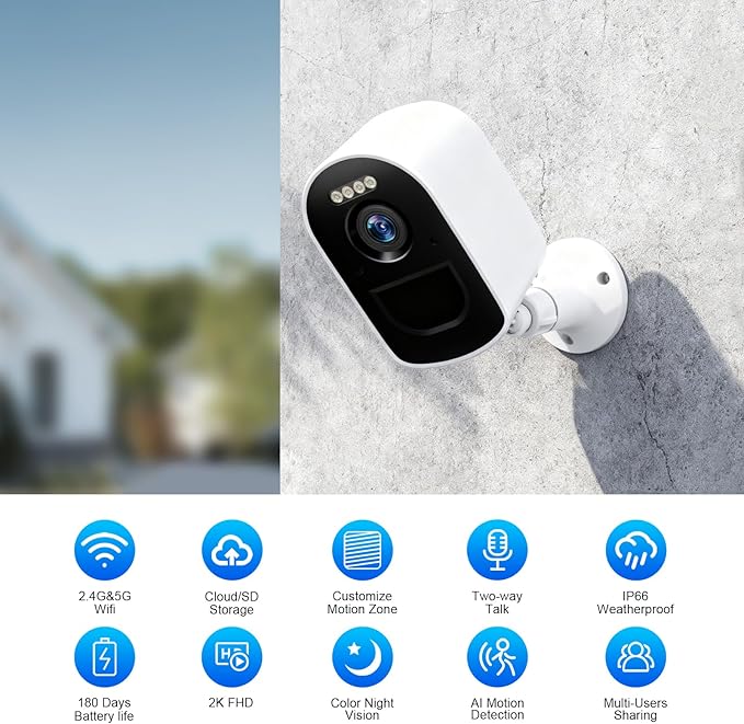 Cameras for Home Security, 2K Security Cameras Wireless Outdoor with Motion Detect & Color Night Vision, Security Camera Support SD/Cloud Storage, Outdoor Camera Battery Operated Waterproof
