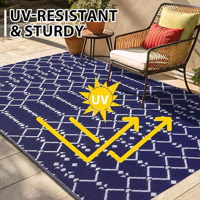 Smiry Outdoor Rug 9x12 ft, Waterproof Reversible Plastic Straw Rugs, Boho Outdoor Area Rug, Outside Floor Mat for Patio, Backyard, Deck, Picnic, Beach, Camping, Navy