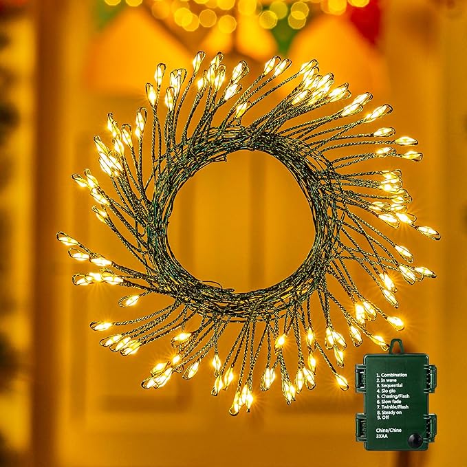 Battery Operated Cluster Lights, 10FT 100 Micro LEDs, Outdoor Twinkle Firecracker Fairy Lights, Warm White, Green Wire String Lights, Waterproof, Christmas Tree, Wreath, DIY Wedding, Christmas Decor