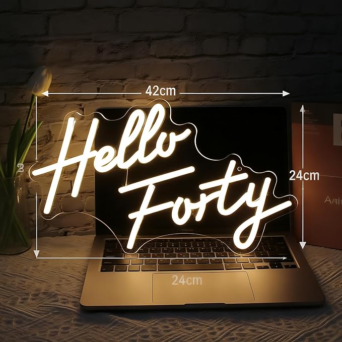 LED Neon Sign for 40th Birthday Decor, 16.5x9.4 Inch Dimmable USB Wall Art with Acrylic Backboard - Warm White Glow for Bedroom, Office, Salon (Hello Forty)
