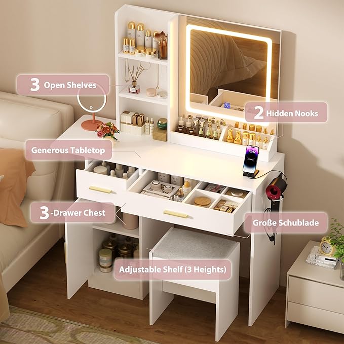 Vanity Desk with Mirror and Lights & Extral Foldable Desk, 31.5" & 39.3" Makeup Vanity Table with 4 Drawers and 3 Open Shelves, Dressing Table for Bedroom, White