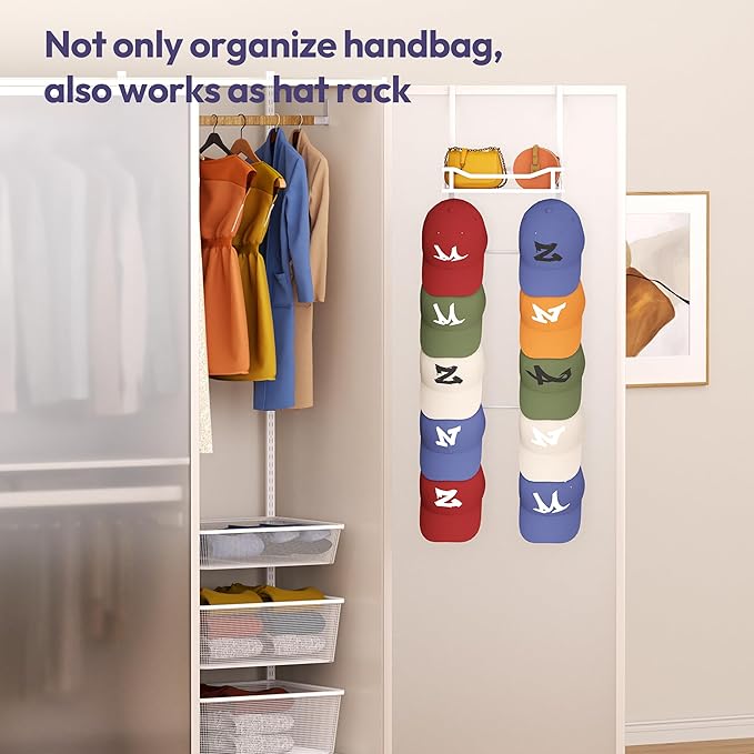 SWTYMIKI Over The Door Purse Organizer - Wall Mounted Purse Rack with 10 Hooks and Metal Basket, Hanging Handbag Storage Organizer Holds up to 10 Bags, Bag Rack Can Use As 1/2 Part, for Door, Closet