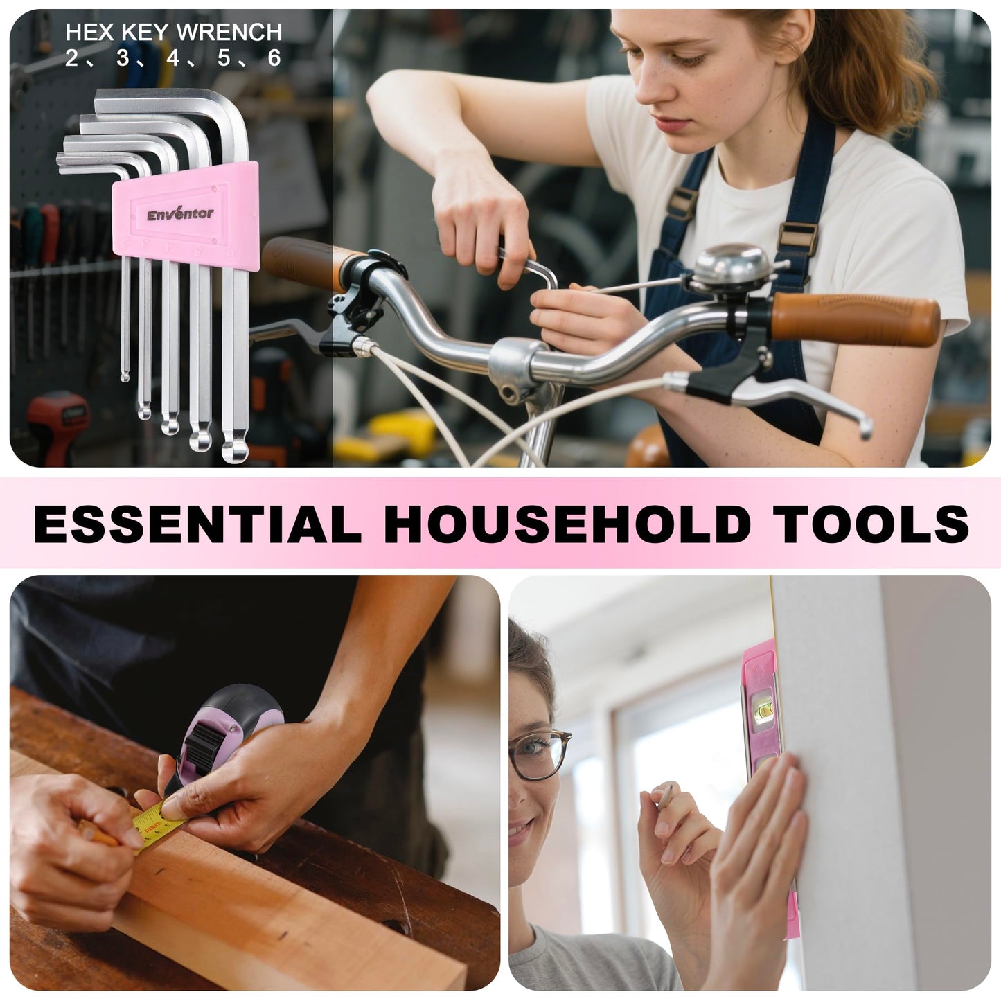 Enventor Pink Tool Kit Set for Women, 146PCS General Household Hand Tool Kit with Storage Toolbox, Ladies Small Basic Tool Kits for Home Maintenance, DIY Projects