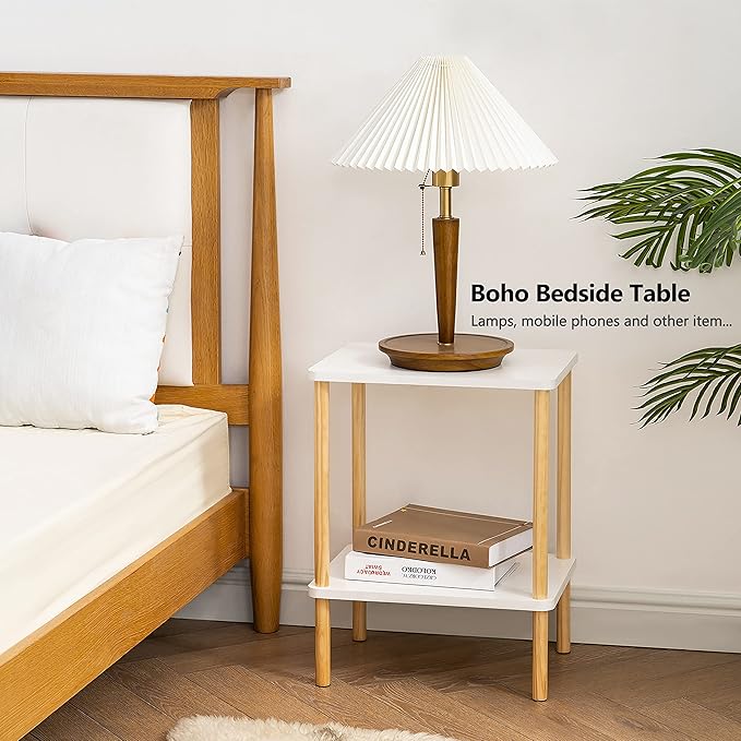 Apicizon 2 Tier End Table Set of 2, Small Side Table with Solid Wood Legs, Boho Bedside Table with Storage Shelf, Nightstand for Small Spaces, Bedroom, Living Room, Entryway, White+Natural