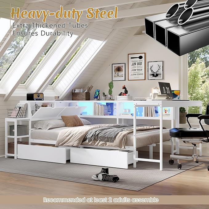 Full Corner Bed Frame with Desk, LED Lights & Charging Ports, L-Shaped Daybed with Storage Drawers, Bookcase & Open Shelves, Modern Full Size Daybed for Kids, Teens & Compact Bedrooms,White