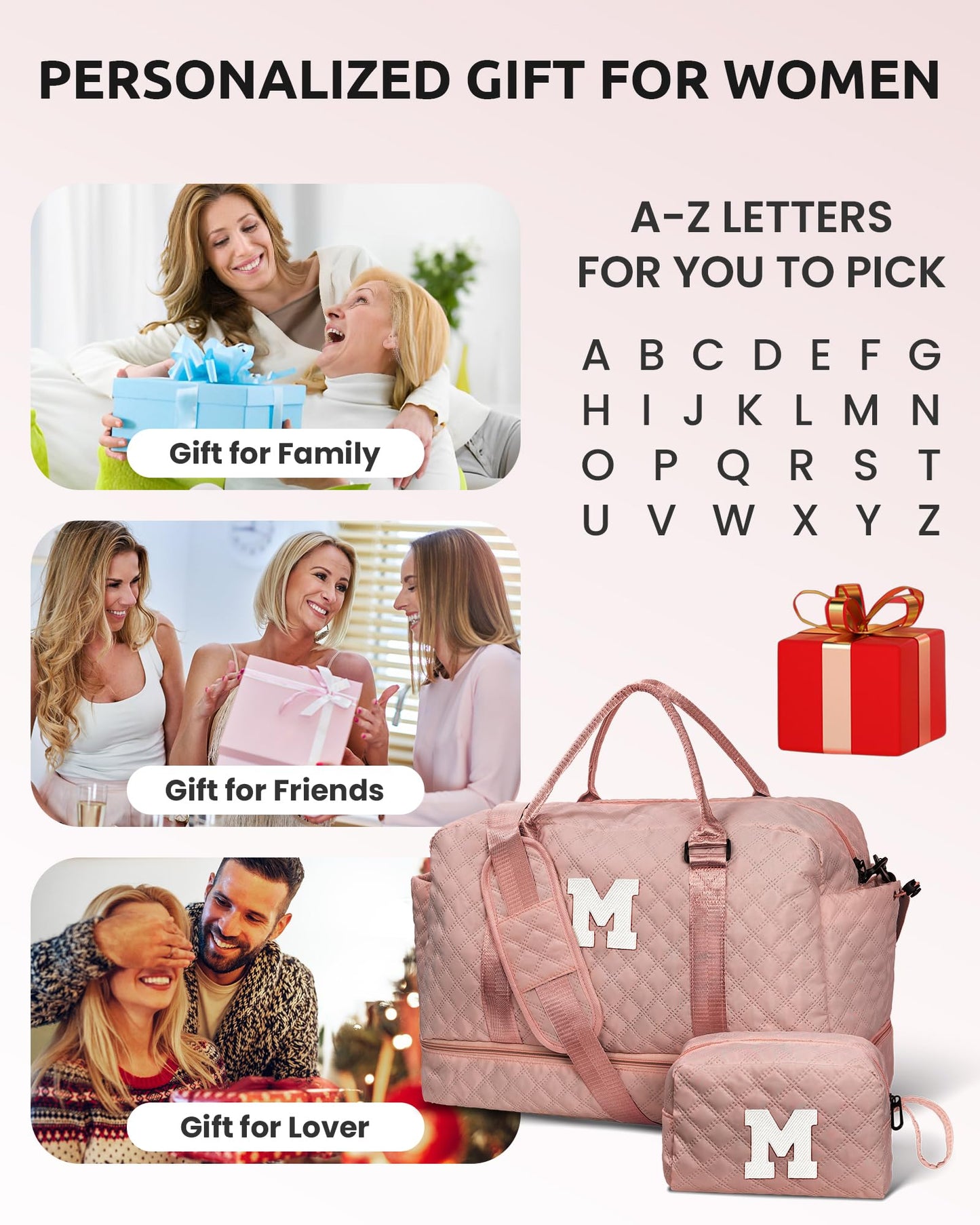 Vogewood Birthday Gifts-for Women-Initial Duffle Bag with Shoe Compartment, Personalized Weekender Bag, Monogram Overnight Bag, Letter Travel Bag with Makeup Bag，Friend Wife Birthday Gift (Letter C)
