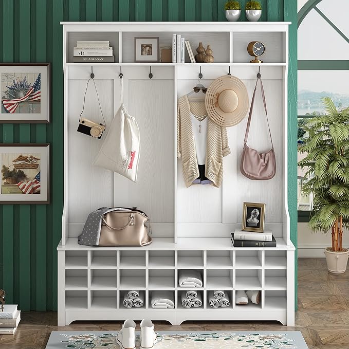 Modern Style Multiple Functions Hallway Coat Rack with Metal Black Hooks, Entryway Bench 60" Wide Hall Tree with Ample Storage Space and 24 Shoe Cubbies (White)