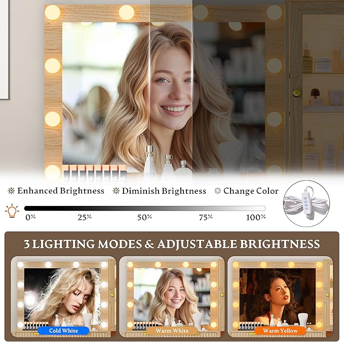 Fluted Vanity Desk with Mirror and Lights, 45" Glass Top Makeup Table Set with 5 Drawers, Power Outlet & Storage Cabinet, Large Dressing Table with RGB Ambient Light for Bedroom Women Girls, Oak