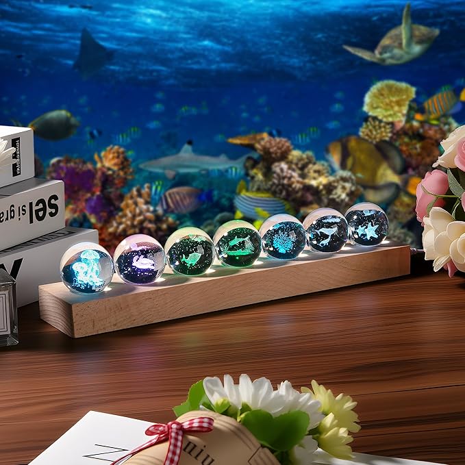 3D Laser Crystal Ball Ocean-Themed Crystal Ball Night Light with Led Lamp Base for Children Bedroom Decoration - Jellyfish Dolphins Sharks Starfish Whales Coral Turtles Gifts