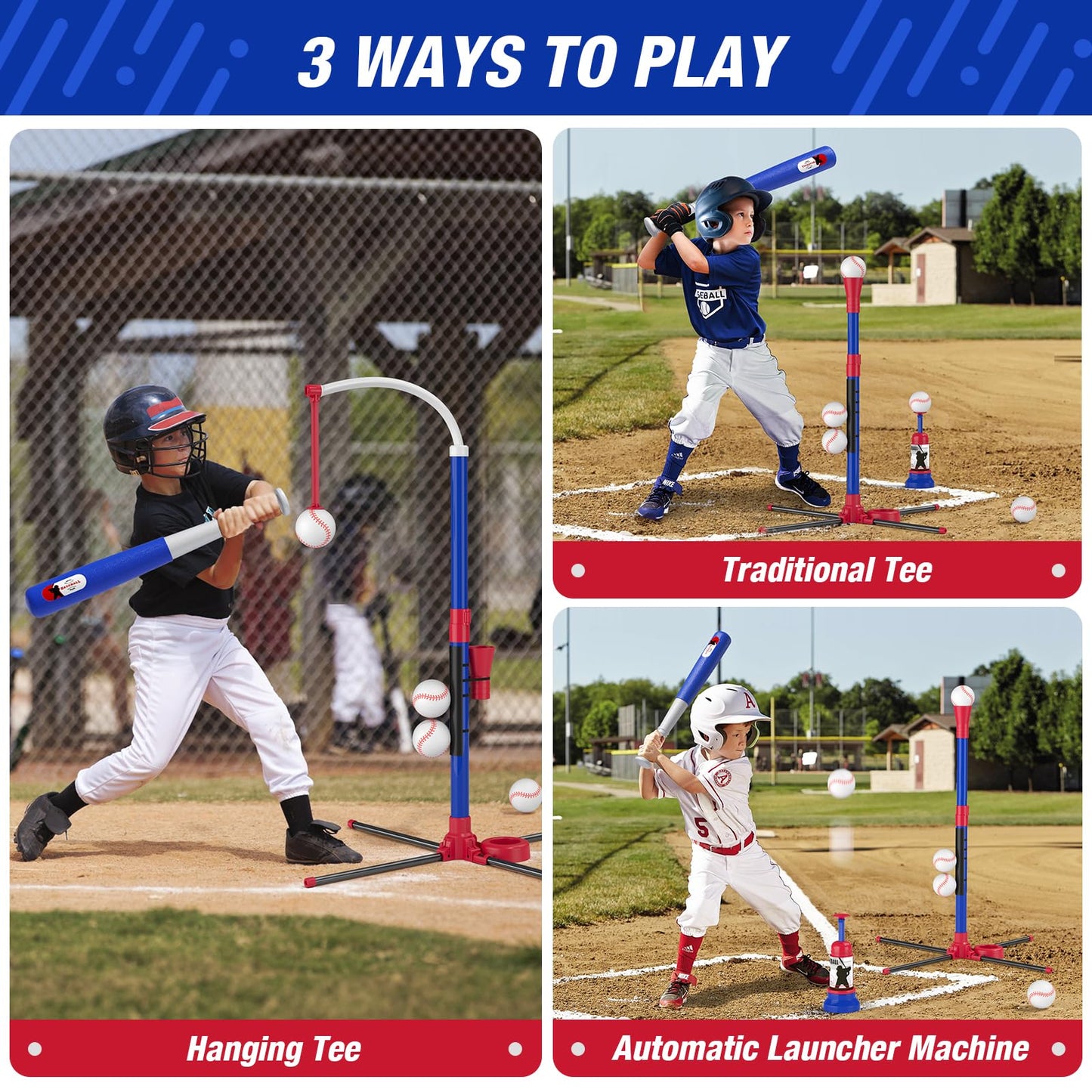 HYES 3-in-1 Baseball Set for Kids 3-5 - Tee Ball Stand, Hanging Tee, Ball Launcher and 6 Softballs - Adjustable Height, Indoor/Outdoor Sport Gifts for Boys Girls, Blue