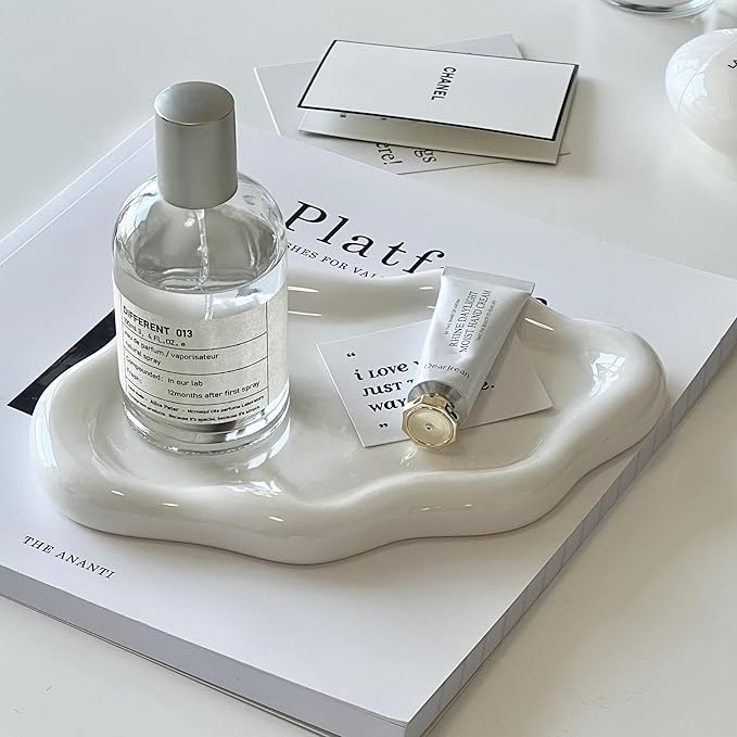 Jewelry Dish - Trinket & Ring Tray, Ceramic, Aesthetic Vanity Decor - Mother's Day, Christmas, Birthday Gift for Women (White)