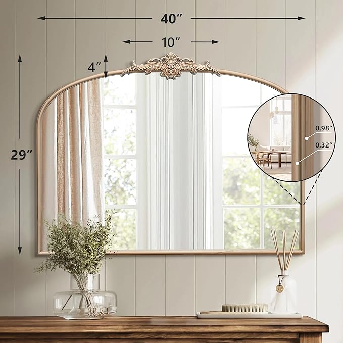 Besdomus Arched Vintage Gold Mirror: 40"x29" Large Champagne Gold Antique Wall Mounted Mirror - Baroque Traditional Ornate for Fireplace/Bathroom/Living Room - Home Decor for Fashion-Conscious
