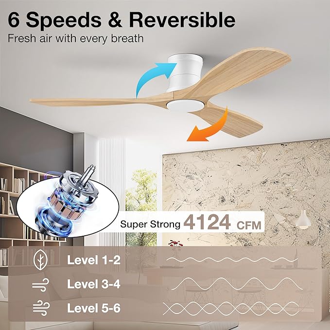 52inch Wood Ceiling Fans with Lights and Remote,Low Profile Modern Ceiling Fan with Light,Outdoor Indoor Flush Mount Ceiling fan,for Bedroom Living room Patio,Light Wood,3 Blades,Dimmable LED,Quiet