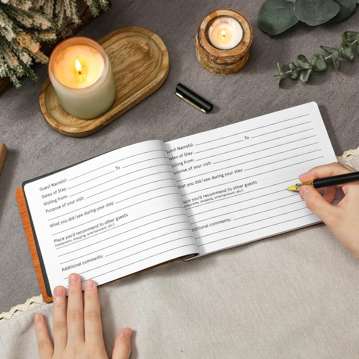 Visitor Wooden Guest Book with Pen 8 x 6 Inches 120 Pages Memory Scrapbook Rustic Signature Party Sign in Xmas Gift for Couple Guests Book