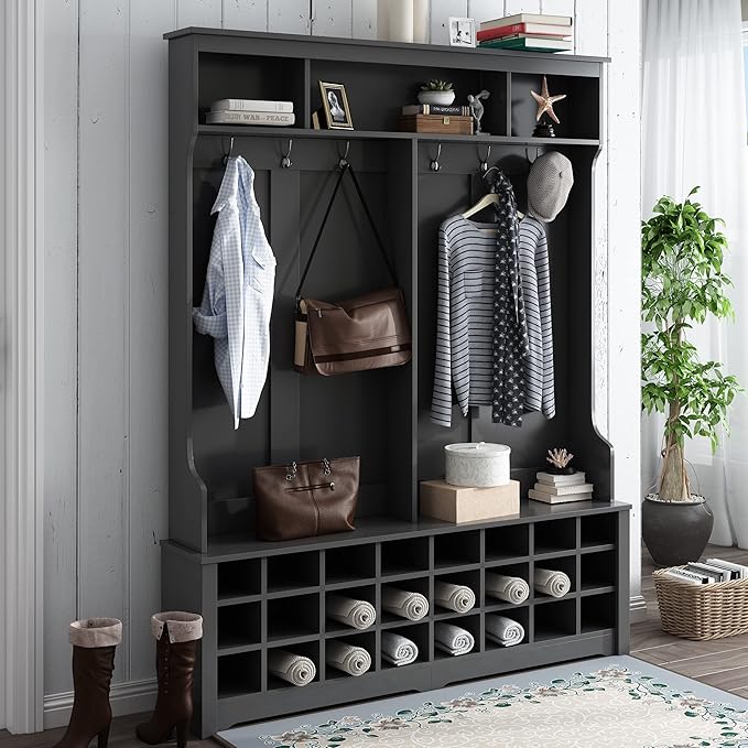 RUNNA Stylish Versatile 60" Wide Coat Rack with Metal Black Hooks and 24 Shoe Cubbies,Hall Tree with 3 Top Shelves and Bench,for Hallway Entryway Mudroom Use (Black@e)