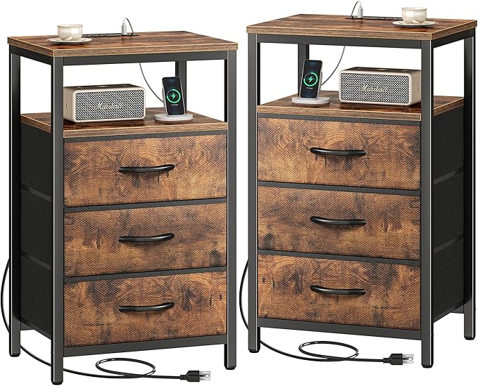 Huuger Nightstands Set of 2, 27.6 Inch End Tables with Charging Station, Fabric Drawers, Bedside Tables with USB Port and Outlet, Night Stands for Bedroom, Rustic Brown