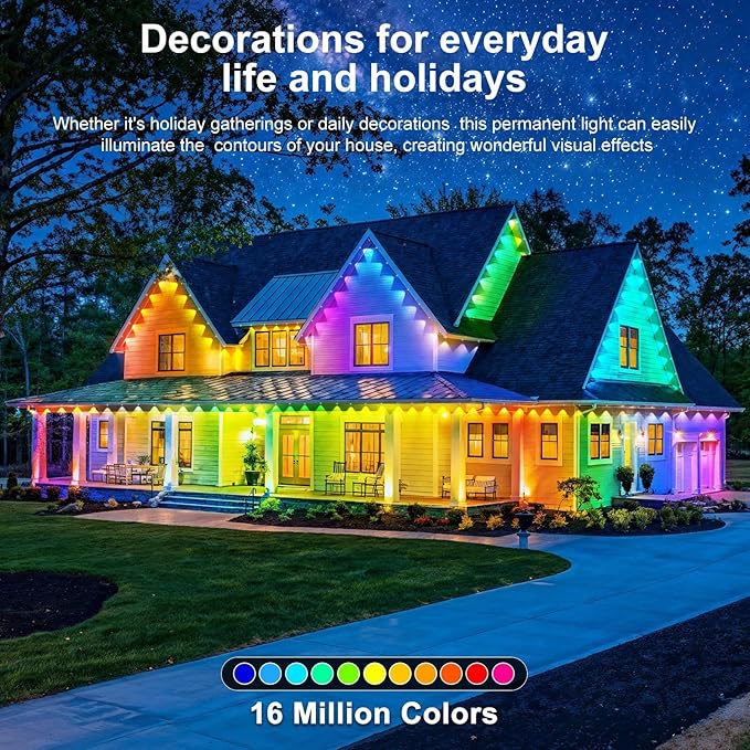 LITSOUL 300FT Permanent Outdoor Lights for House Waterproof, Smart RGB Eave LED Lighting with 16 Million Colors, IP67 Outdoor Strip Lights for Christmas Halloween Holiday Daily Decorations (90m/300ft)