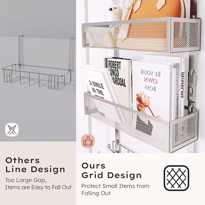 Consumest Over The Door Hooks Organizer - Extra Long Door Hanger with 9 Coat Hooks & 2 Mesh Basket, Back Storage Organizer Hanging Towels for Bathroom, Bedroom, Sand Nickel (for 1.76 in Doors)