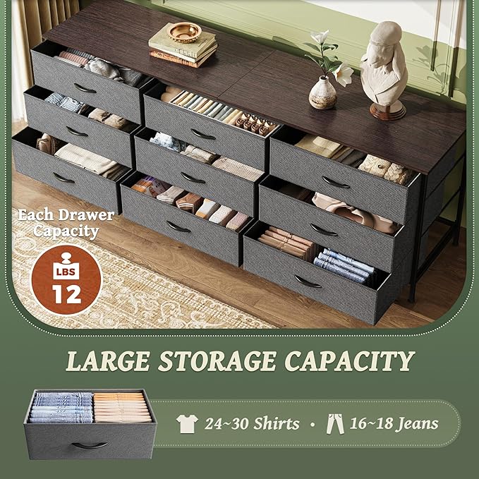 Huuger 63 Inch Dresser for Bedroom, Dresser for Closet with 9 Drawers, Large TV Stand for 55, 65, 70 Inch TV, Entertainment Center with Storage, Wide Long Chest of Drawers, Walnut and Dark Grey