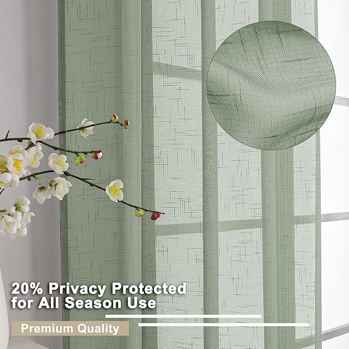 Aiyufeng Kirei 36 Inch Sage Green Linen Sheer Curtains - Faux Linen Semi Transparent Window Drapes Privacy UV Protection Short Curtains for Living Room, Home Office, Car, Kitchen, 30Wx36L, 2 Pcs