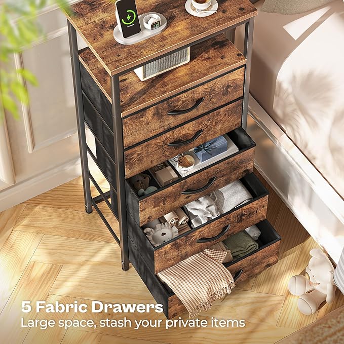 Huuger 5 Drawers Dresser with Charging Station, Set of 2, Dresser for Bedroom, Tall Night Stand, Chest of Drawers with Open Shelf, Bedside Table Nightstand, Fabric, Rustic Brown