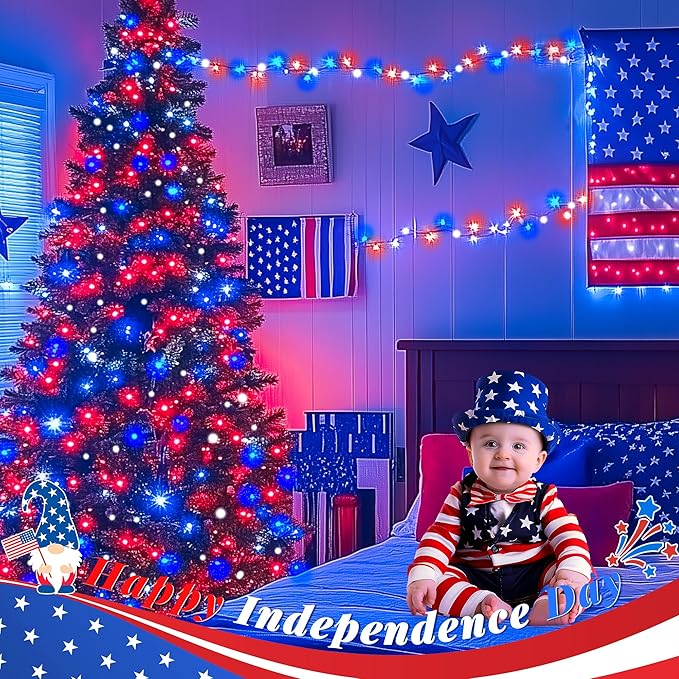 Hopolon Red White and Blue String Lights, 33 FT 100 LED Connectable 4th of July Patriotic Twinkle Lights with Remote,8 Modes Plug in Independence Day Light for Home Party Holiday Tree Xmas Decoration