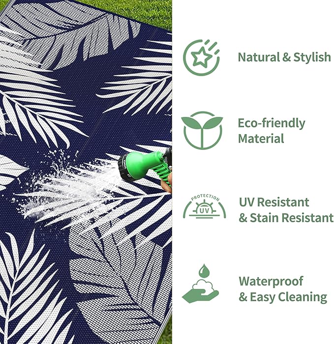 GENIMO Outdoor Rug 6' x 9' Waterproof for Patios Clearance, Reversible Outdoor Plastic Straw Camping Rug Carpet, Large Area Rugs Mats for RV, Camper, Deck, Balcony, Porch, Beach, Navy Blue&White