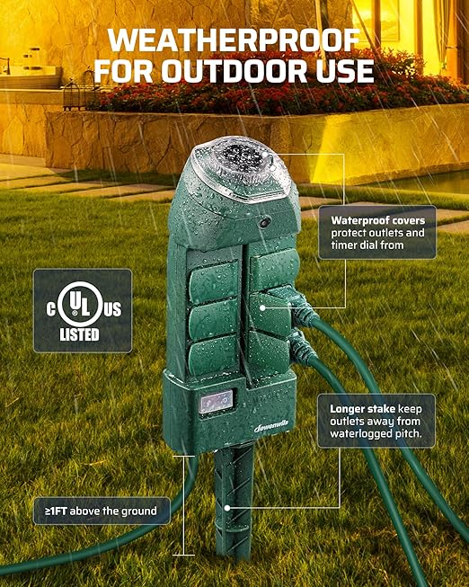DEWENWILS Outdoor Power Strip Timer with Photocell, Weatherproof Countdown Light Control, 6 Outlets 10ft Cord Dusk to Dawn Outdoor Timer for Lights, Yard, 1875W/15A UL Listed