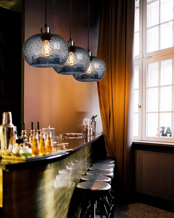 CASAMOTION Glass Pendant Lights Kitchen Island Modern Farmhouse Blue Ceiling Hanging Light Fixtures Globe Over Table Sink Foyer Entryway Brushed Nickel 8.7 Inch Diam