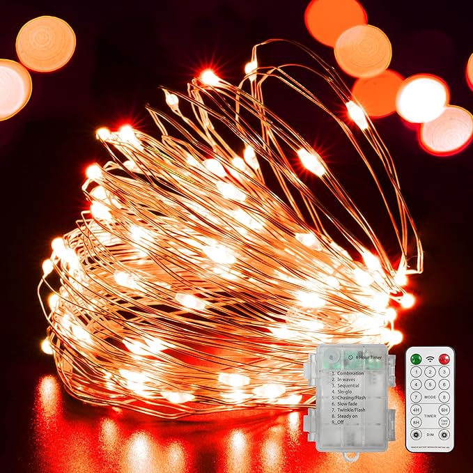 LAMPHOME Orange Fairy Lights, 100 LED 33ft Battery Operated Halloween Lights with Remote, 8 Modes Twinkle String Light for Halloween Thangksgiving Fall Tree Indoor Outdoor Decoration