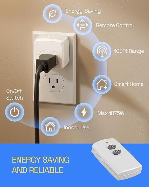 HBN Remote Control Outlet Plug Remote Light Switch Remote Outlet Switch Wireless On Off Switch Plug for Chritmas Light and Household Appliances, 15A/1875W(1 Outlet + 1Remote)