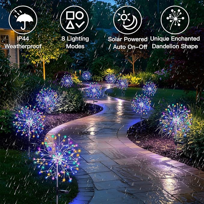 suddus Solar Garden Lights Outdoor Waterproof, Upgrade 2 Pack 150LED Solar Firework Lights, 8 Modes Starburst Fairy Light for Front Yard, Driveway, Bushes, Patio Christmas Decor (Multicolor)