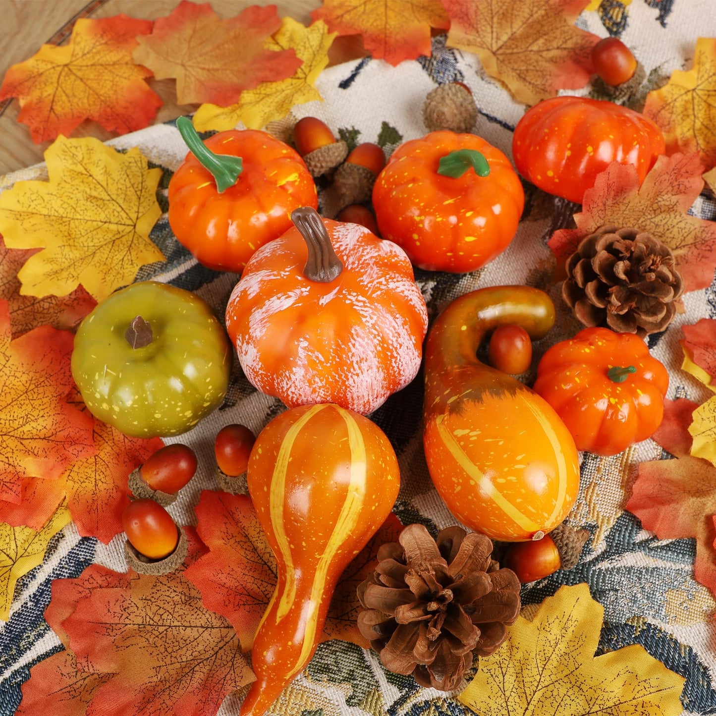 winemana Fall Decorations for Home-6pcs Mini Pumpkins & 2pcs Gourds, 30pcs Leaves & 10pcs Acorns, 2pcs Pinecones Centerpiece Set-Harvest Decor for Table Mantel (Largest: 4.5" x 2.1"")"