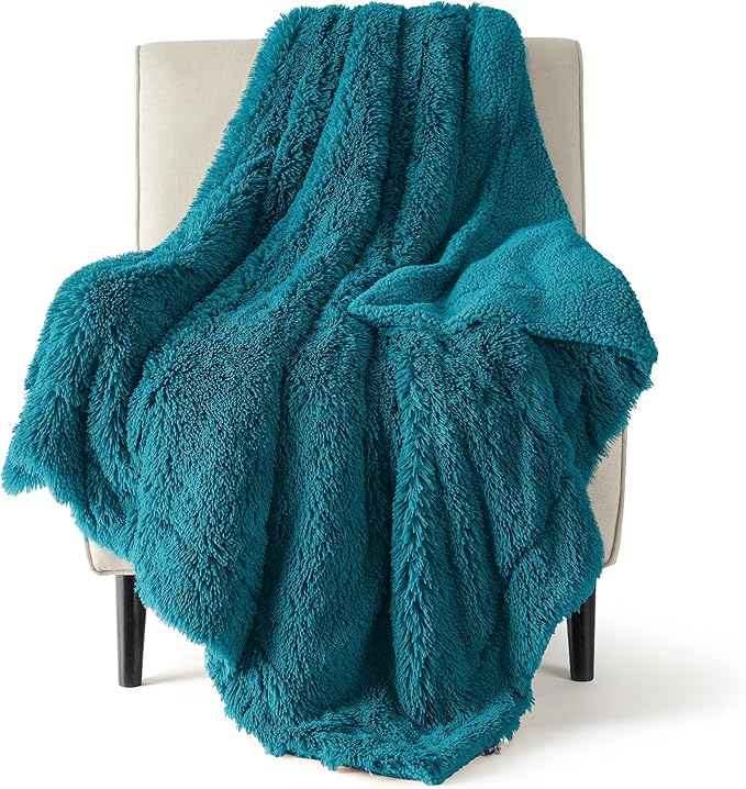 Bedsure GentleSoft Fuzzy Sherpa Faux Fur Twin Blanket Teal Cozy Gifts for Women Men, Soft Fleece Plush Warm Minky Thick Blanket Twin Size for Bed, Couch, Room Dorm Essentials Teal Decor Gifts, 60x80