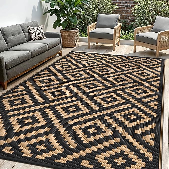 Outdoor Rug for Patio - Waterproof Plastic Straw Camping Rugs 9x12 ft, Reversible Outdoor Indoor RV Mat Carpet for Patio, Porch, Deck, Balcony, Picnic, Beach, Black Brown