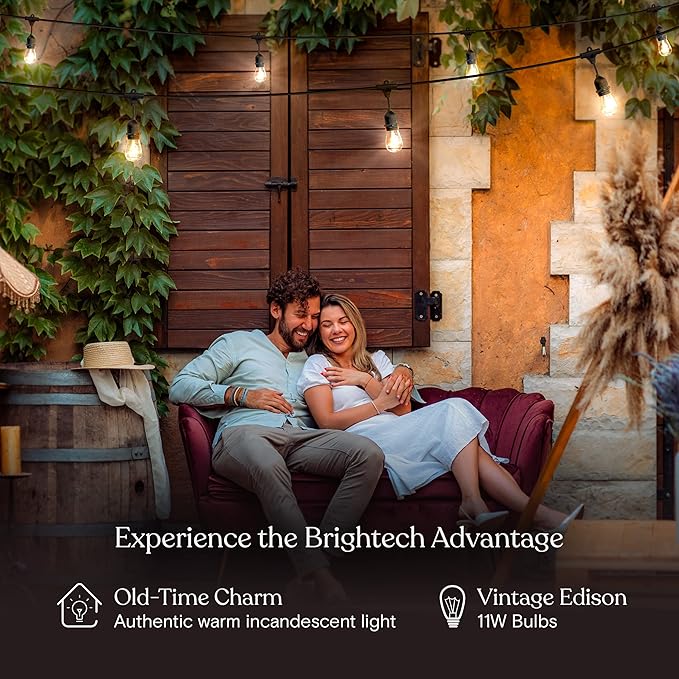 Brightech Ambience Pro Incandescent Outdoor String Lights - Commercial Grade Waterproof Patio Lights with 24 Ft Dimmable Edison Bulbs, Porch String Lights for Patio, Backyard, Christmas - 7 Bulbs 11W