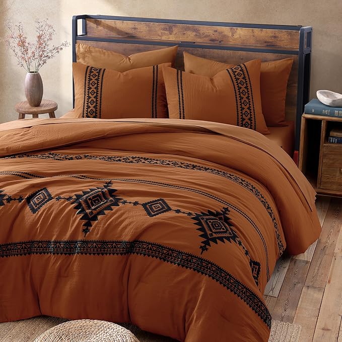 MaiRêve Burnt Orange Embroidery Comforters Set Queen Size - 7 Pieces, Farmhouse Western Bedding All Season, Bed in A Bag Queen Boho Comforter Set with Sheets, Pillowcases & Shams