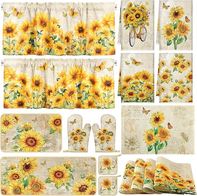 16 Pcs Farmhouse Sunflower Kitchen Decor Set 4 Kitchen Towels 2 Non Slip Rugs and Mats for Floor 4 Placemats 2 Curtains 2 Rustic Oven Mitts Gloves 2 Pot Holders for Home Decor Mom Cooking Gift