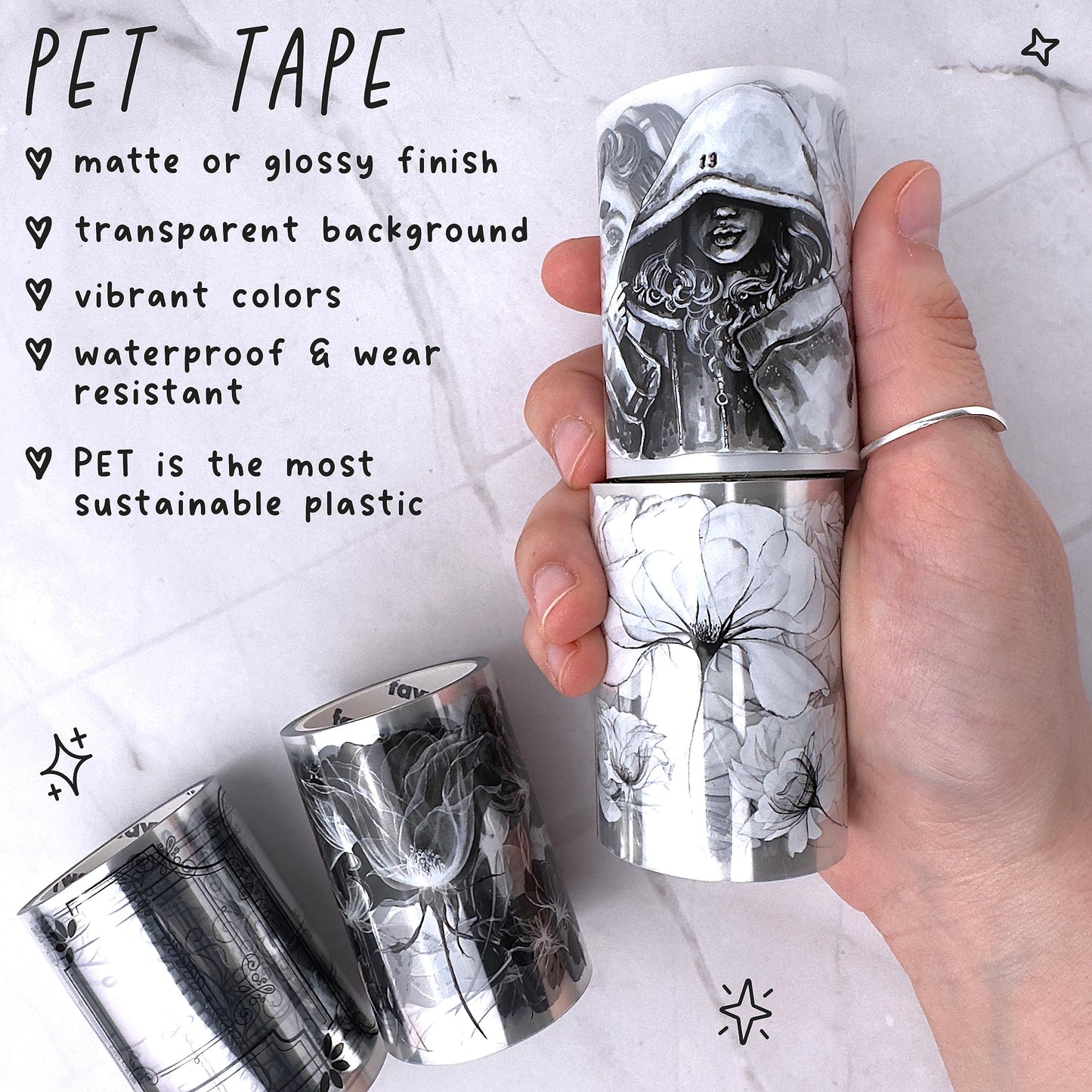 Fayware 4 PET Tapes for Journaling and Scrapbooking - Black & White Junk Journal Supplies for DIY Arts & Crafts Projects